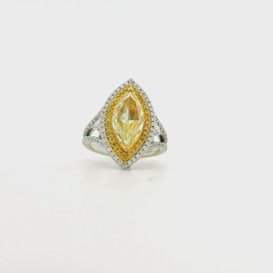18k Two-Tone Gold 2.01ct Fancy Yellow Marquise Diamond Double Halo Ring with 0.76ctw Accent Diamonds