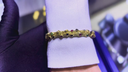 14k Yellow Gold Bark Finish Bangle Set With Emeralds and Sapphires