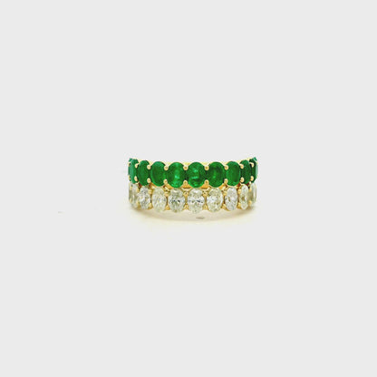 14k Yellow Gold 1.52ct Oval Diamond and 1.85ctw Emerald Two-Row Cocktail Ring
