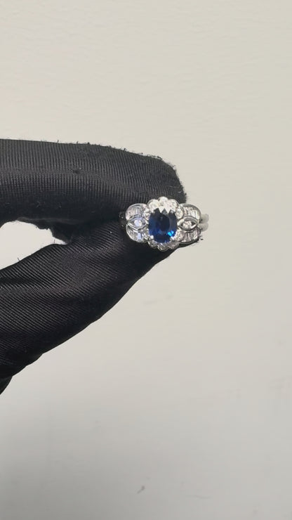 Platinum 1.25ct Oval Sapphire Center 0.47ctw Diamond Cocktail Scalloped Ring