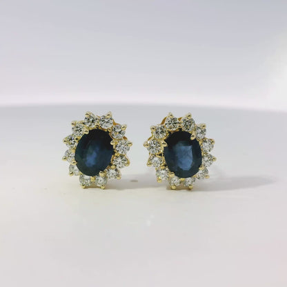 14k Yellow Gold 3.05ctw Oval Cut Sapphire and 1.25ctw Round Brilliant Cut Diamond Earrings