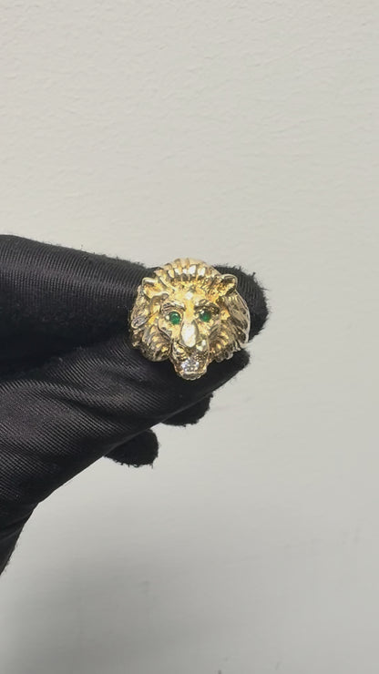 14k Yellow Gold Lion's Head Ring with Emerald Eyes and One Round Diamond in Mouth