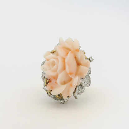 14k Yellow Gold 0.67ctw Diamond Pave Carved Coral Ring