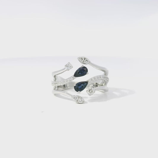 14k White Gold 0.45ct Sapphires and 0.30ct Round Brilliant Diamond in a Bypass Ring