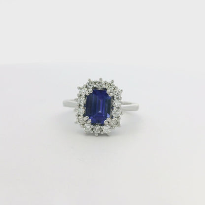 14k White Gold Emerald Cut Tanzanite and Round Diamond Ring