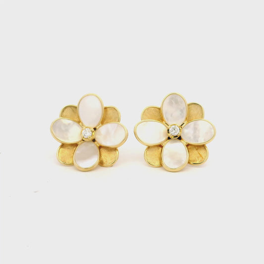 Marco Bicego 18k Yellow Gold 0.60ctw Diamond and Mother of Pearl Petali Flower Stud Earrings
