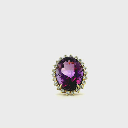 14k Yellow Gold 30ct Oval Amethyst Halo Diamond Accent Cocktail Ring