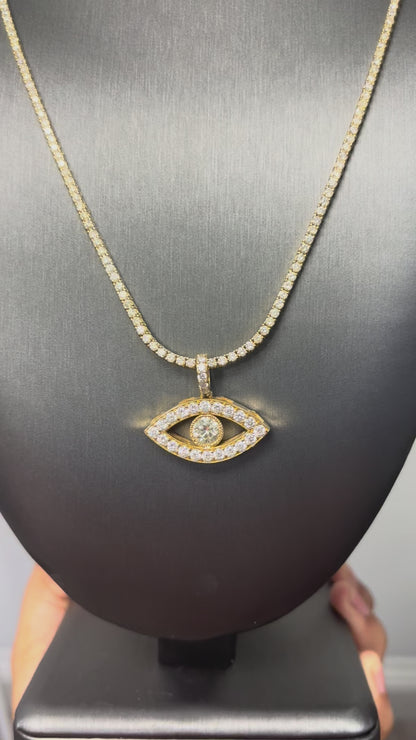 14k Yellow Gold 1.66ctw Evil Eye Diamond Charm Pendant on a 14k Yellow Gold 8.62 ctw Diamond 22" Tennis Chain Necklace