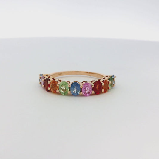 14k Rose Gold 2.4ctw Multicolor Oval Cut Sapphire Halfway Wedding Ring Band