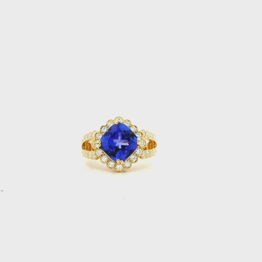14k Yellow Gold 3.75ct Cushion Cut Tanzanite Halo Cocktail Ring
