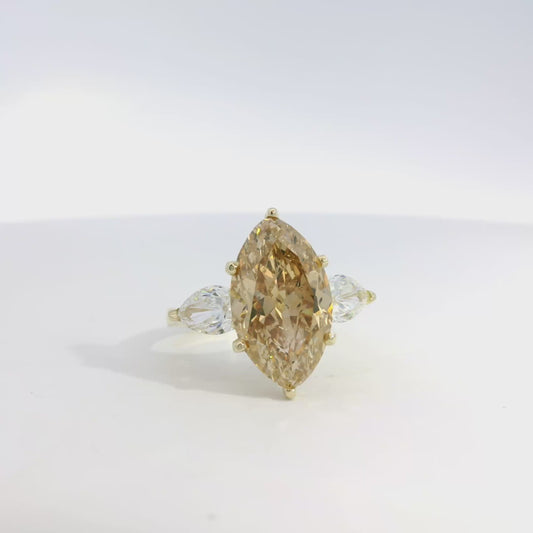 14k Yellow Gold 6.98ct Natural Brown Marquise Diamond and 1.40ctw Natural Pear Cut Diamond Ring