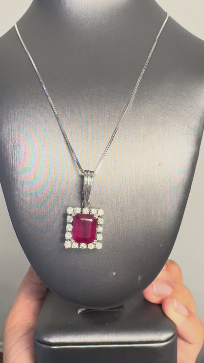 14k White Gold Glass Filled Ruby with Diamond Pendant on a 14k White Gold Classic Box Chain Necklace
