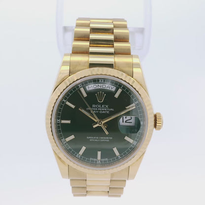 Rolex 118238 Day-Date 18k yellow gold green dial presidential watch