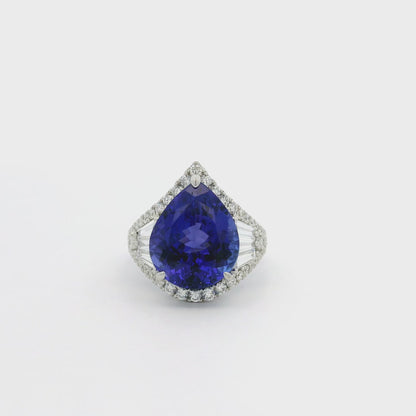 18k White Gold 7.95ctw Pear Cut Tanzanite and 1.47ctw Round and Baguette Diamond Ring