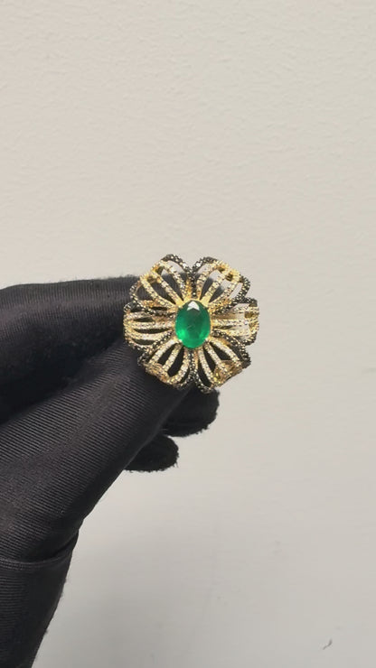 14k Yellow Gold Oval Emerald and Black and White Diamond Flower Ring