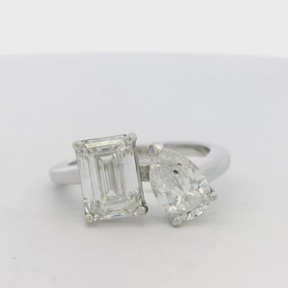 Platinum Natural 2ct Pear Cut and Lab 2ct Emerald Cut Toi Et Moi Engagement Diamond Ring