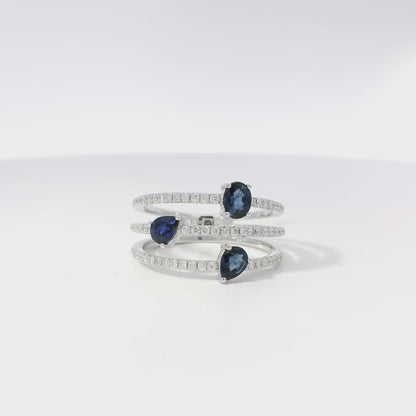 14k White Gold 0.90ct Sapphires and 0.30ct Round Brilliant Diamonds in a Multi-Row Split Shank Ring