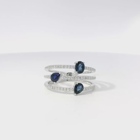 14k White Gold 0.90ct Sapphires and 0.30ct Round Brilliant Diamonds in a Multi-Row Split Shank Ring
