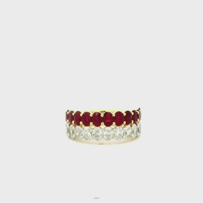 14k Yellow Gold 1.51ct Oval Diamond and 2.10ctw Ruby Two Row Cocktail Ring