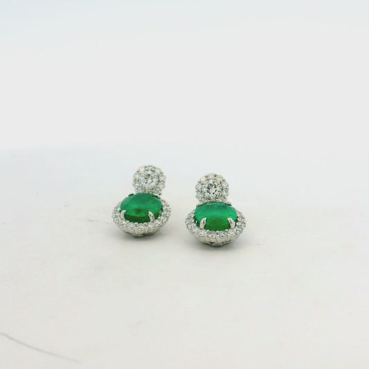 14k White Gold 5.21ctw GIA Certified Natural Green Emerald and Diamond Dangle Earrings