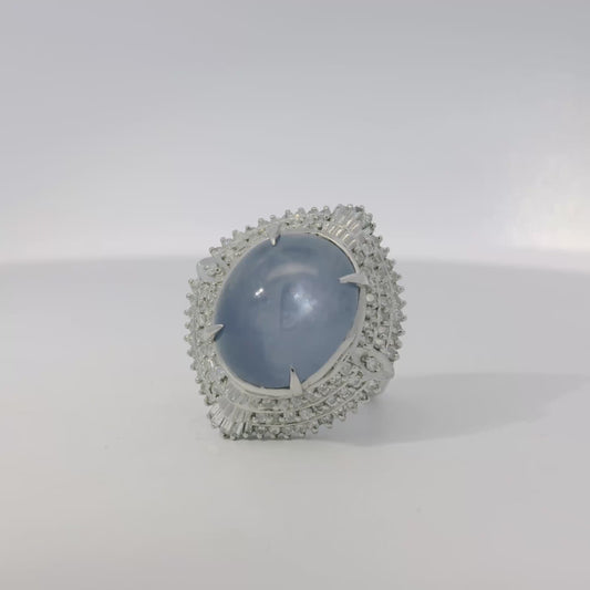 Platinum 19.35ct Sapphire Star and 0.96ct Round Brilliant and Baguette Diamond Ring