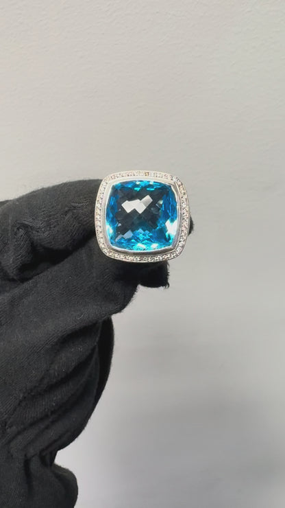 David Yurman Sterling Silver Blue Topaz & Diamonds Large Ring