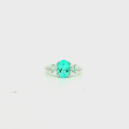 Platinum 1.66ct Oval Paraiba Tourmaline and 0.64ctw Diamond Three-Stone Ring