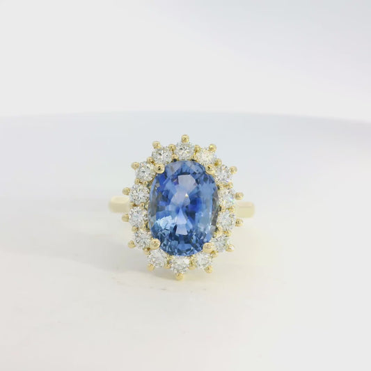 14k Yellow Gold 4.45ct Ceylon Blue Sapphire and 0.98ctw Natural Round Brilliant Diamond Ring