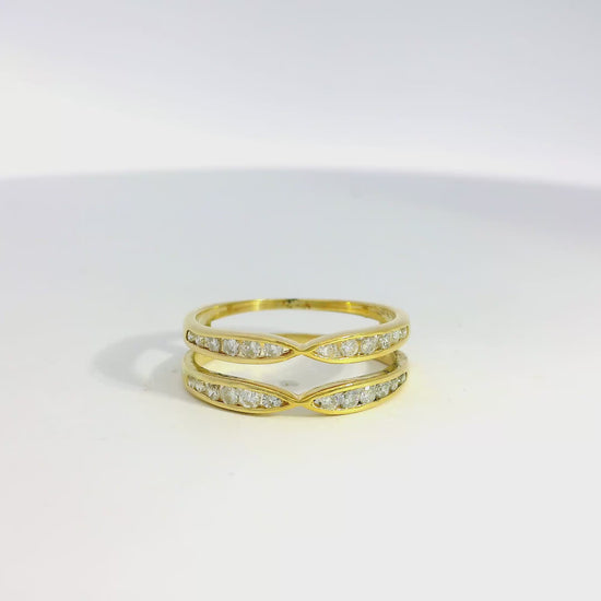 yellow gold double band diamond ring 360 view on white background