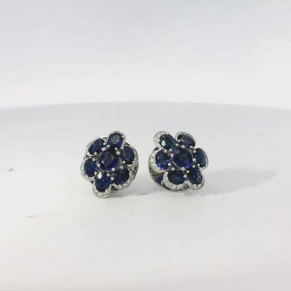 14k White Gold 3.5ctw Blue Oval Sapphire and 0.10ctw Diamond Flower Earrings