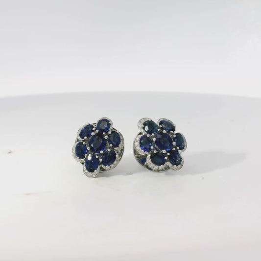 14k White Gold 3.5ctw Blue Oval Sapphire and 0.10ctw Diamond Flower Earrings