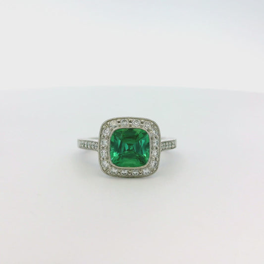 Tiffany & Co. Platinum Cushion Cut Tourmaline Green Center Gemstone with 0.38ctw Diamond Halo Ring