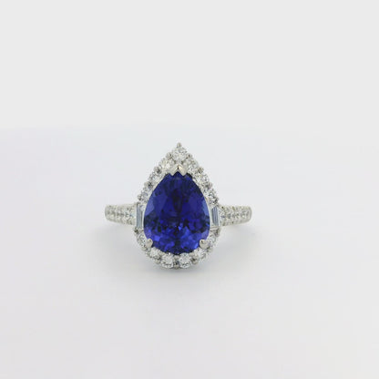 18k White Gold Pear Cut Tanzanite and Baguette and Round Diamond Engagement Ring