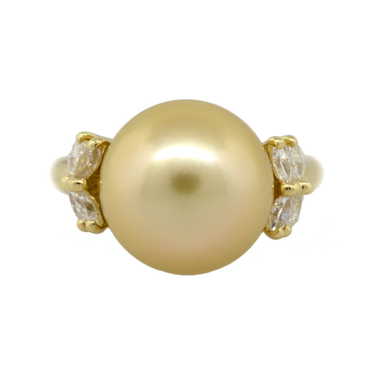18k Yellow Gold Champagne Pearl with 0.32ctw Marquise Diamond Cocktail Ring