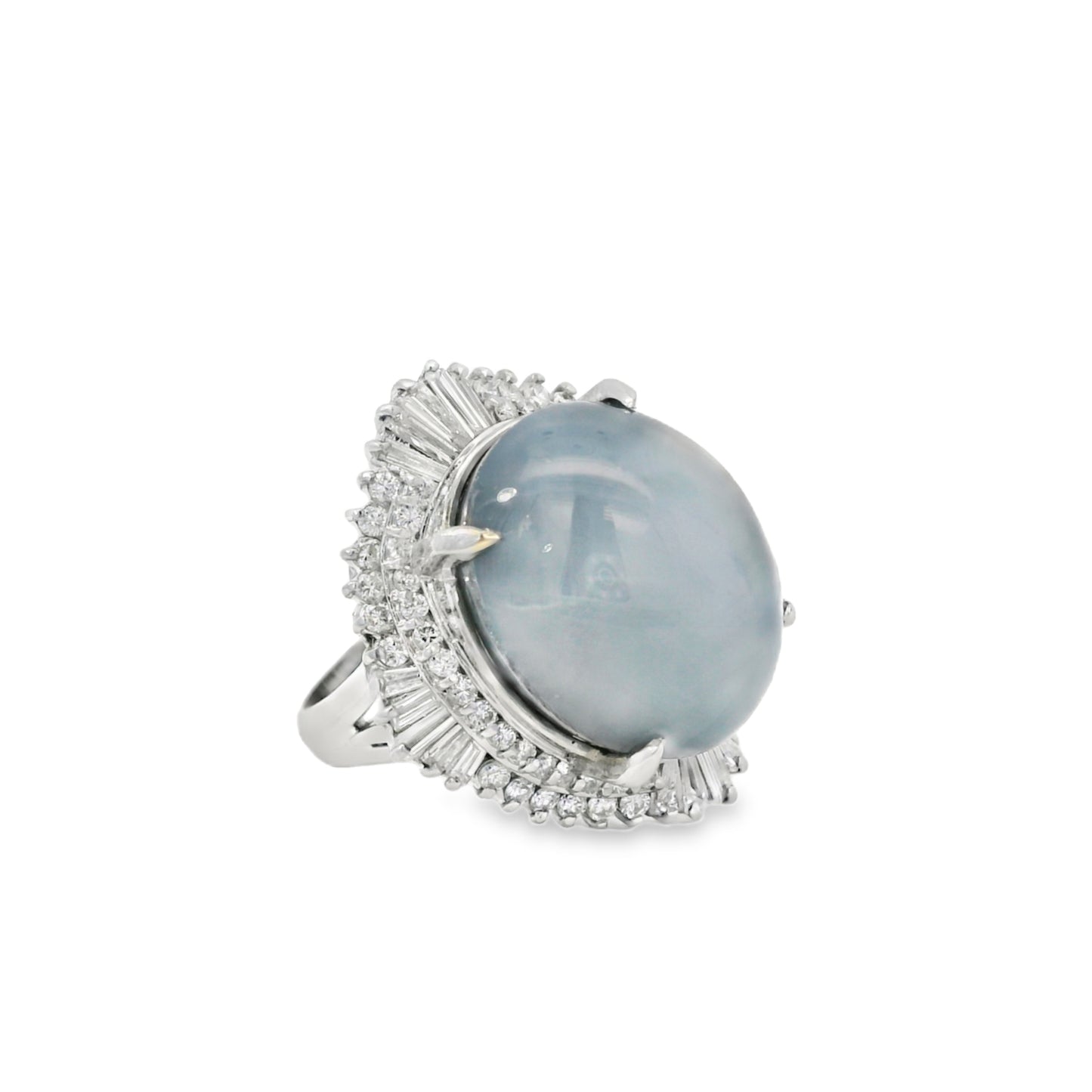 Platinum 46.44ct Sapphire Star accented by 1.52ct Round Brilliant and Baguette Diamond Ring