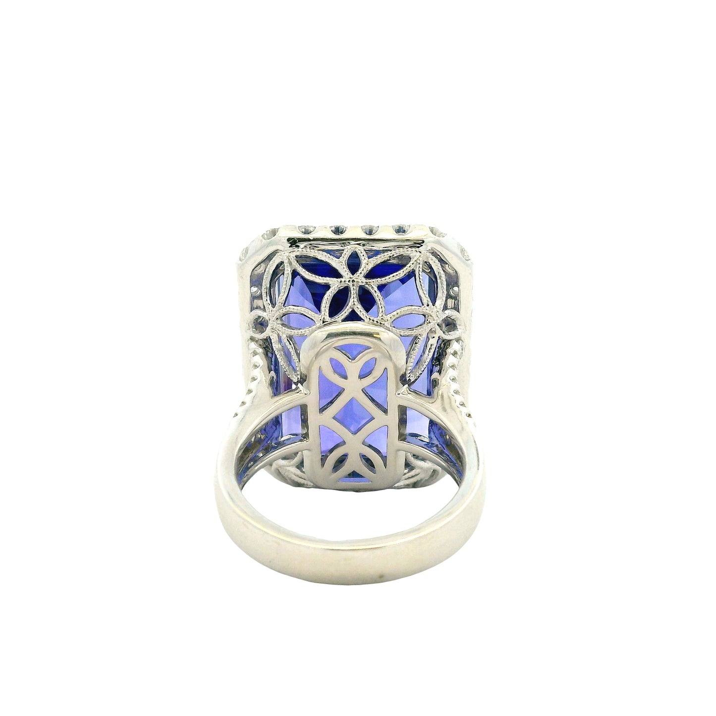18k White Gold 34.72ct Emerald Cut Tanzanite and 2.26ctw Diamond Halo Cocktail Ring — photo 10 of 15