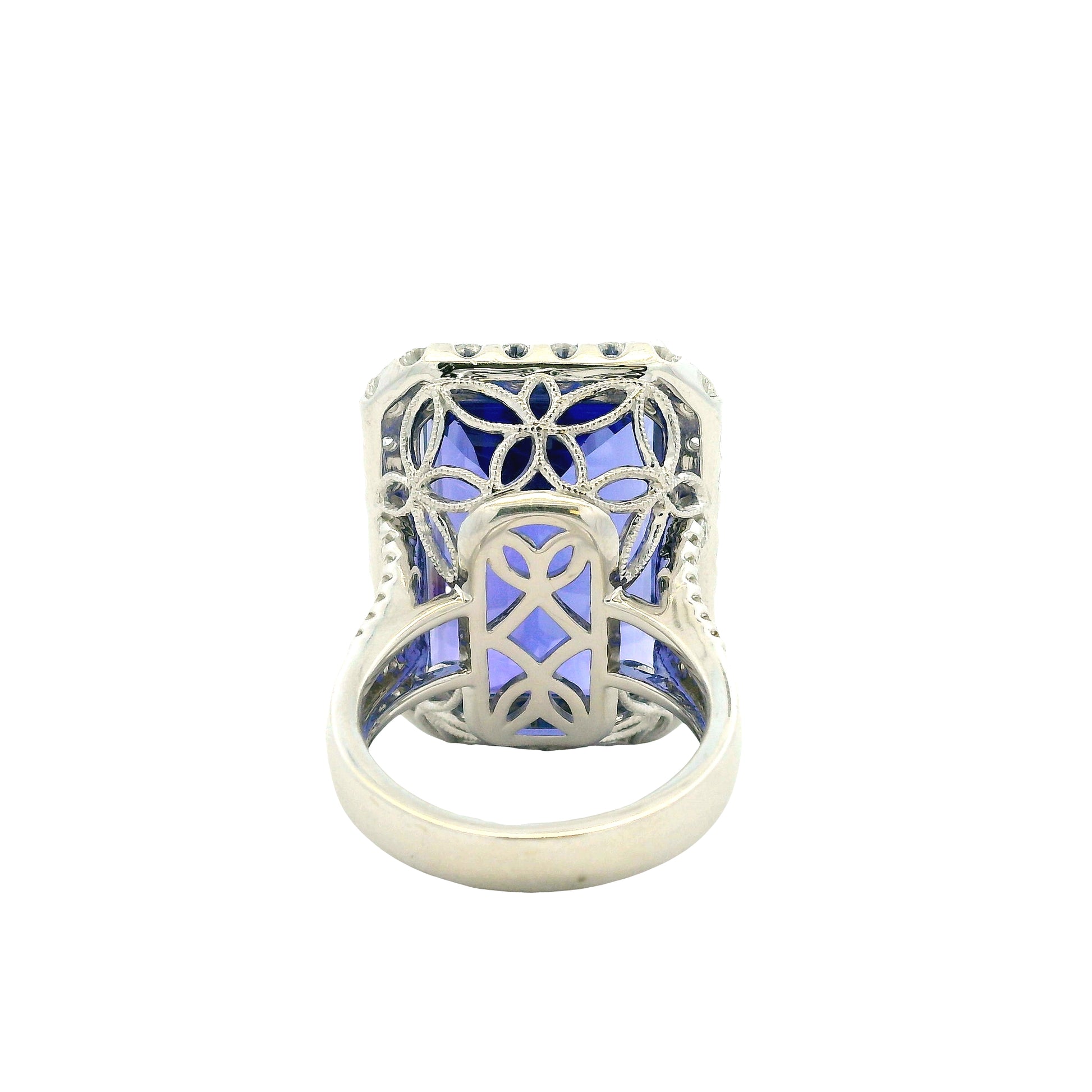 18k White Gold 34.72ct Emerald Cut Tanzanite and 2.26ctw Diamond Halo Cocktail Ring — photo 10 of 15
