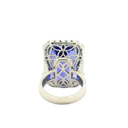 18k White Gold 34.72ct Emerald Cut Tanzanite and 2.26ctw Diamond Halo Cocktail Ring — photo 10 of 15