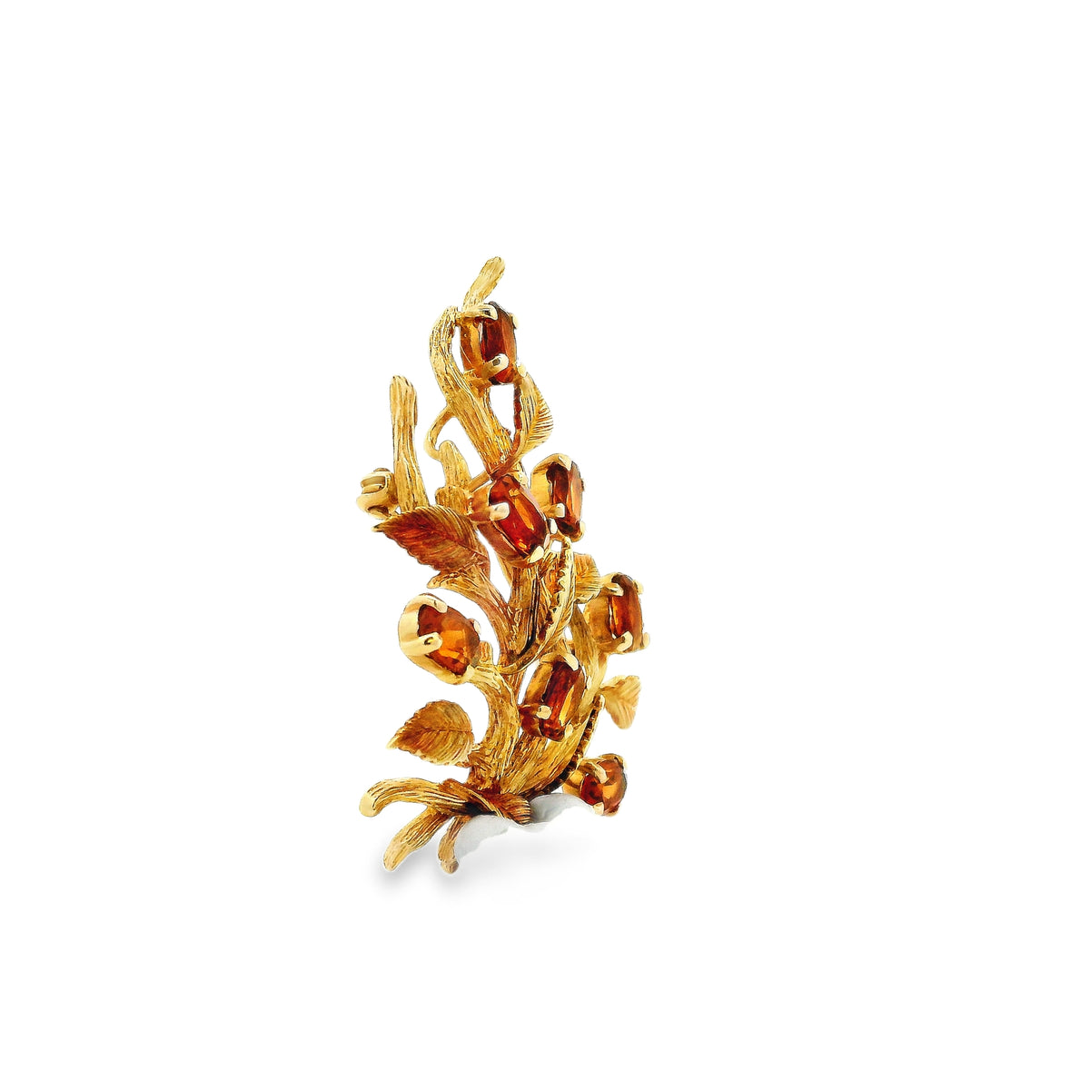 14k Yellow Gold Vintage Orange Gemstone Branch and Leaves Brooch Pin — photo 10 of 10