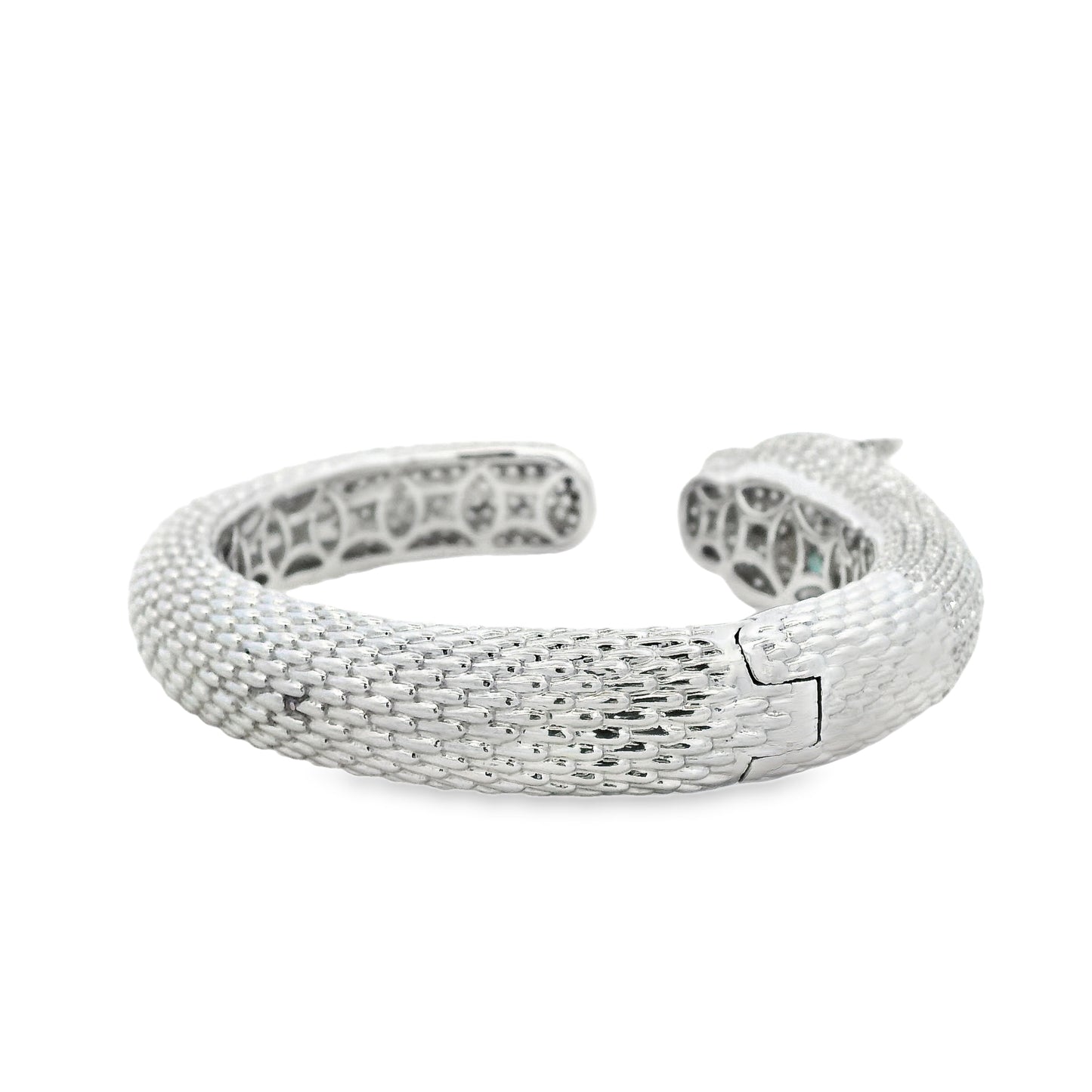 18k White Gold 0.31ctw Emerald and 10.57ctw Round Diamond Pavé Panther Hinged Bangle Bracelet — photo 10 of 13