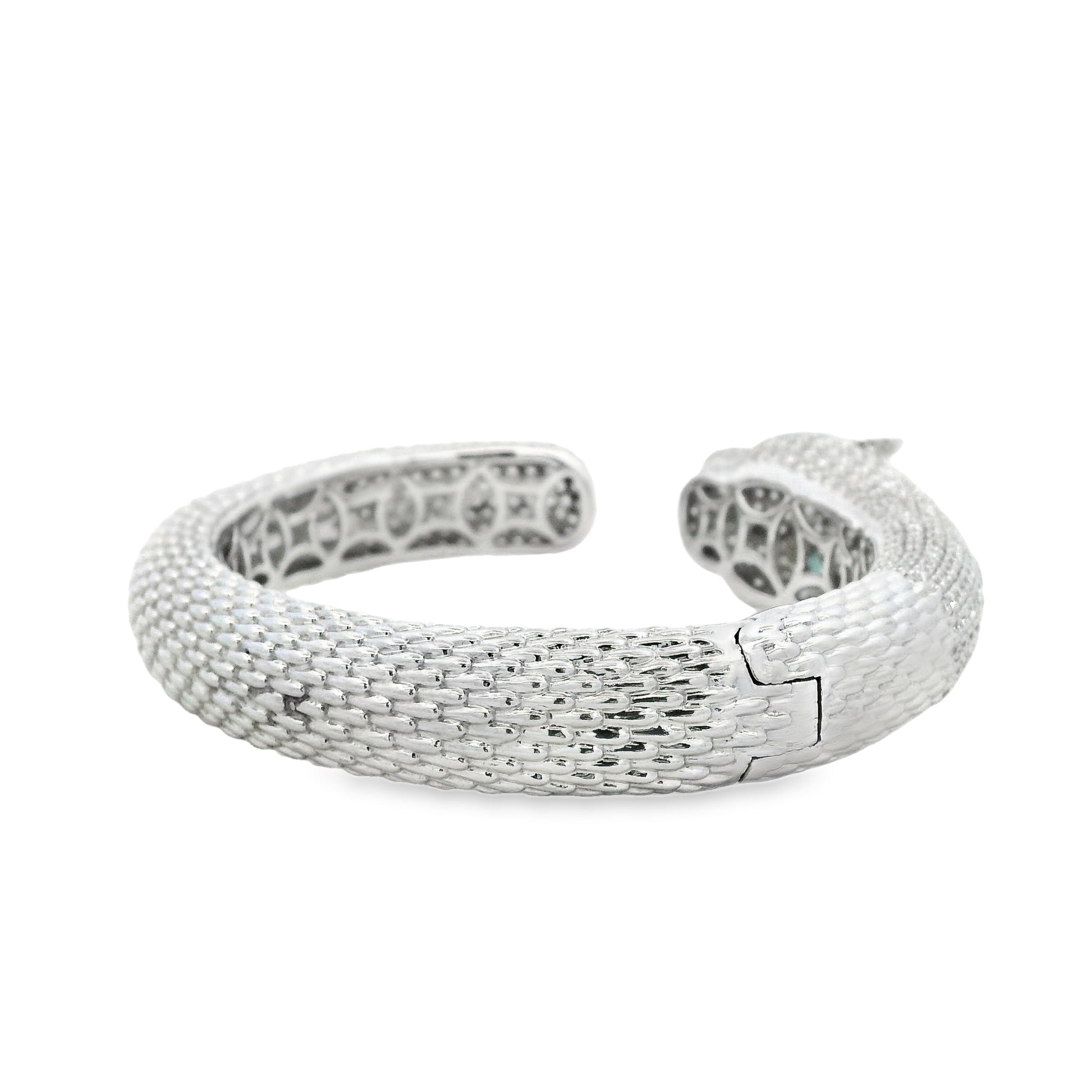 18k White Gold 0.31ctw Emerald and 10.57ctw Round Diamond Pavé Panther Hinged Bangle Bracelet — photo 10 of 13