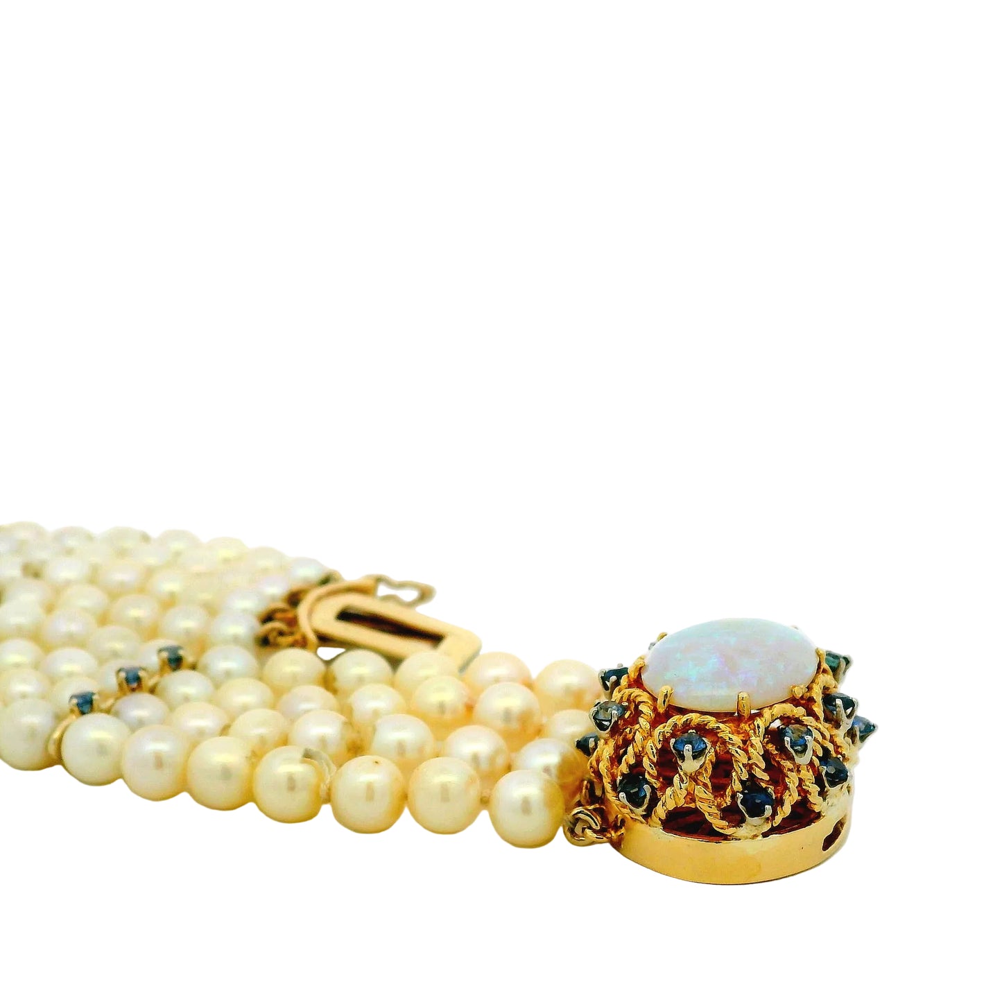14k Yellow Gold 4-Strand Natural Pearl Bracelet with Opal and Natural Sapphire Cluster Centerpiece — photo 10 of 10