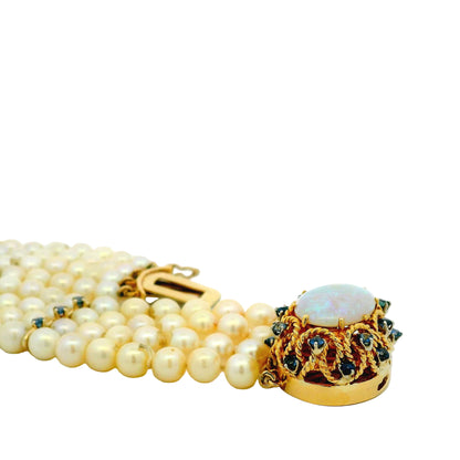 14k Yellow Gold 4-Strand Natural Pearl Bracelet with Opal and Natural Sapphire Cluster Centerpiece — photo 10 of 10