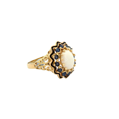 Vintage 18k Yellow Gold Opal and Blue Sapphire Halo Cocktail Ring — photo 10 of 10