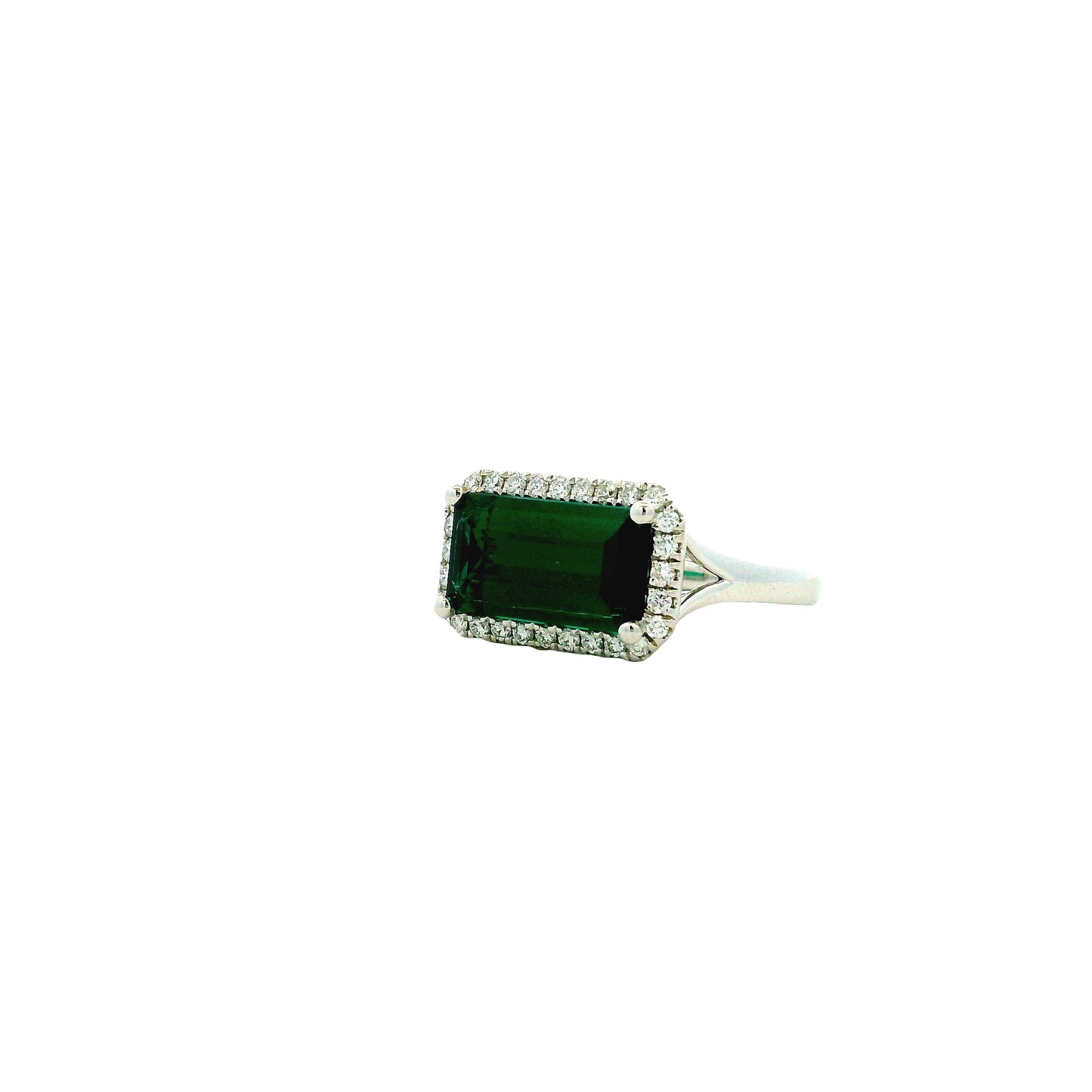 14k White Gold 3.54ct Emerald Cut Blue Tourmaline and 0.27ctw Diamond Halo Ring — photo 10 of 11
