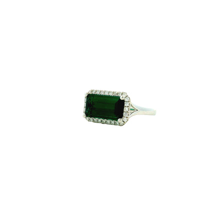 14k White Gold 3.54ct Emerald Cut Blue Tourmaline and 0.27ctw Diamond Halo Ring — photo 10 of 11