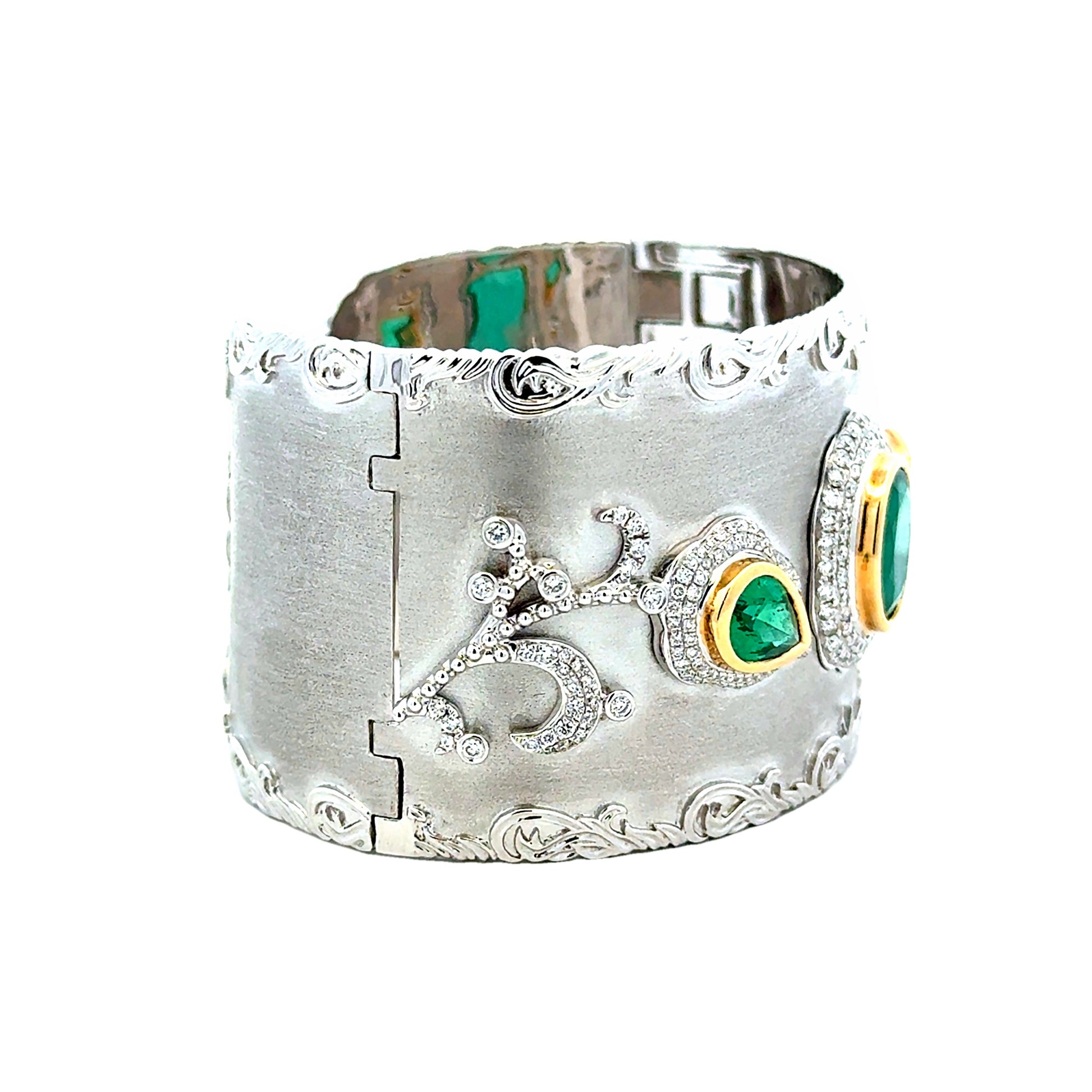 18k White Gold GIA Certified 6.72ct in Three Natural Emeralds and 1.98ctw Round Diamonds Hinged Cuff Bangle… — photo 11 of 12