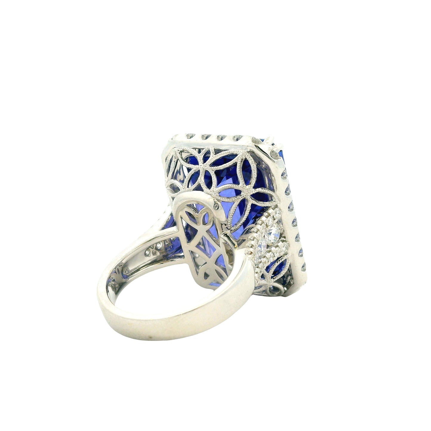 18k White Gold 34.72ct Emerald Cut Tanzanite and 2.26ctw Diamond Halo Cocktail Ring — photo 11 of 15