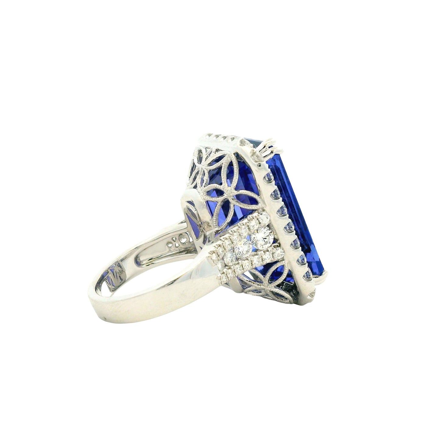 18k White Gold 34.72ct Emerald Cut Tanzanite and 2.26ctw Diamond Halo Cocktail Ring — photo 12 of 15