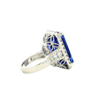 18k White Gold 34.72ct Emerald Cut Tanzanite and 2.26ctw Diamond Halo Cocktail Ring — photo 12 of 15